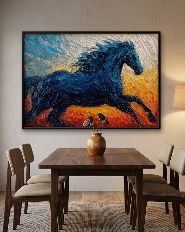 Morning Rider hand-painted landscape painting displayed in an elegant dining room