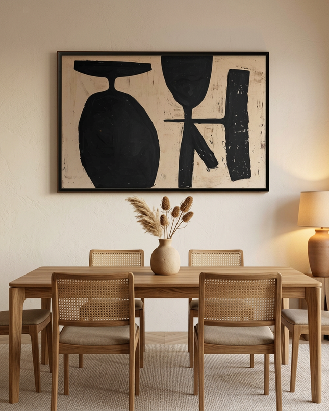 Form & Essence hand-painted landscape painting displayed in an elegant dining room