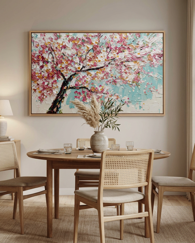 Cherry Sky hand-painted landscape painting displayed in an elegant dining room