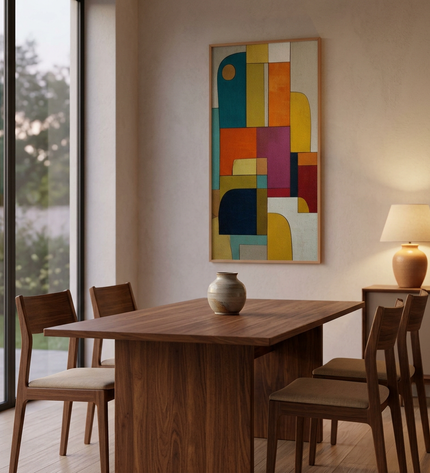 Urban Mosaic hand-painted abstract painting displayed in an elegant dining room