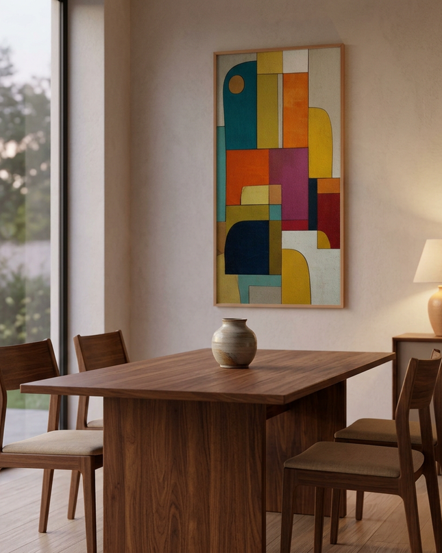 Urban Mosaic hand-painted abstract painting displayed in an elegant dining room