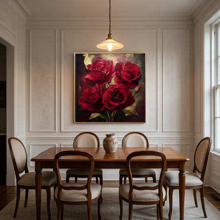 Velvet Passion hand-painted floral painting displayed in an elegant dining room