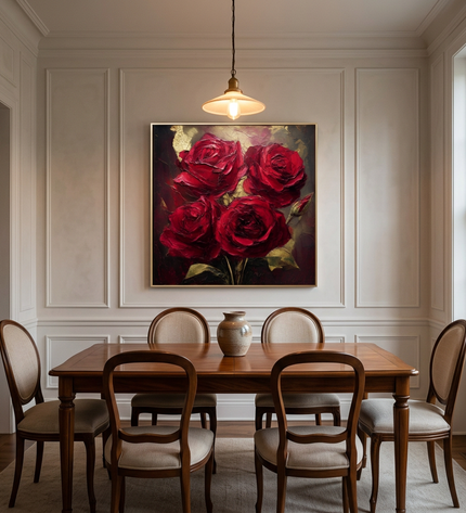 Velvet Passion hand-painted floral painting displayed in an elegant dining room