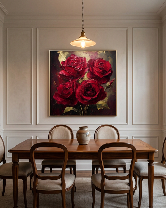 Velvet Passion hand-painted floral painting displayed in an elegant dining room