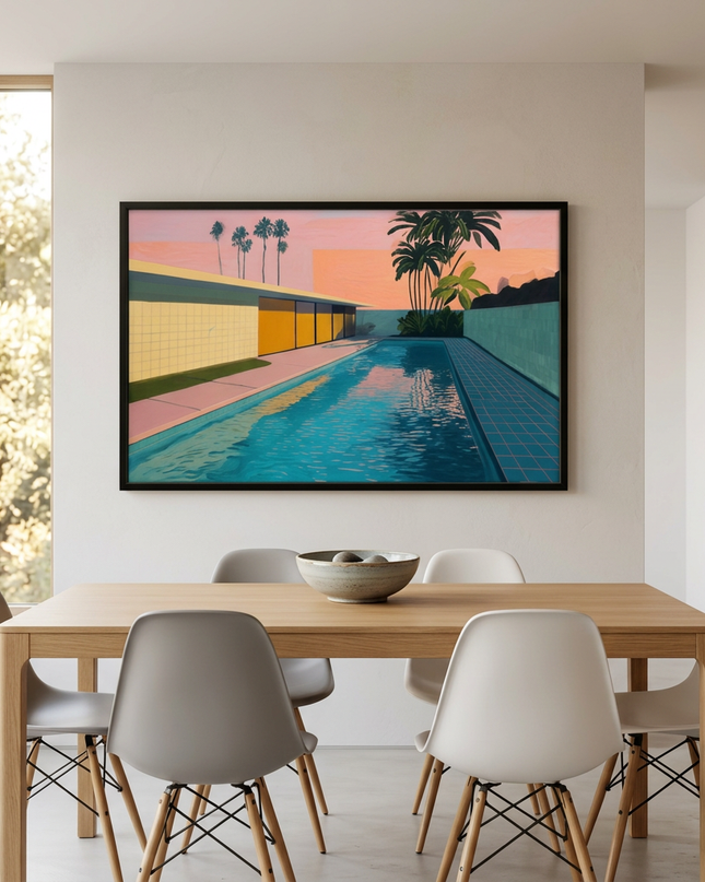 Pool Noir hand-painted landscape painting displayed in an elegant dining room
