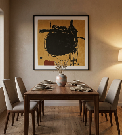 Obsidian Orbit hand-painted abstract painting displayed in an elegant dining room