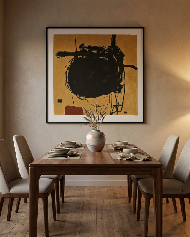 Obsidian Orbit hand-painted abstract painting displayed in an elegant dining room