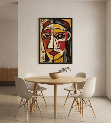 The Watcher hand-painted abstract painting displayed in an elegant dining room