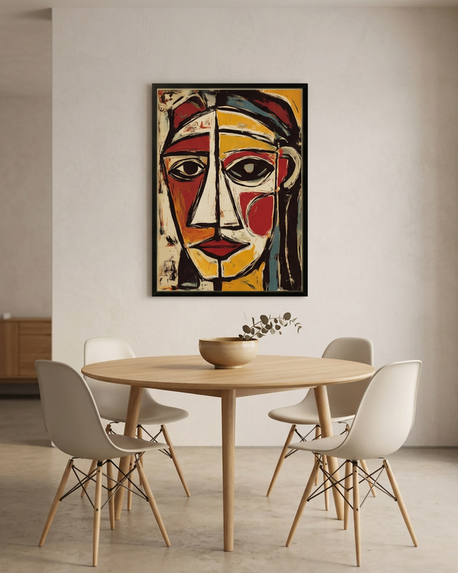 The Watcher hand-painted abstract painting displayed in an elegant dining room