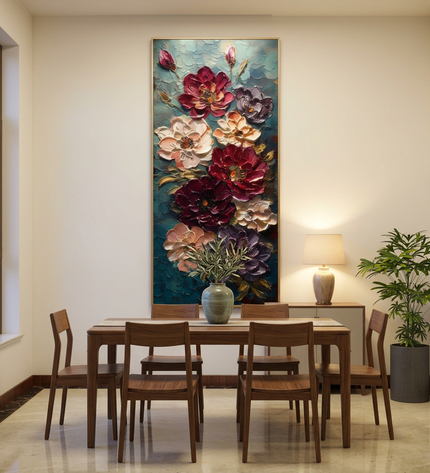Moonlit Bouquet hand-painted floral painting displayed in an elegant dining room