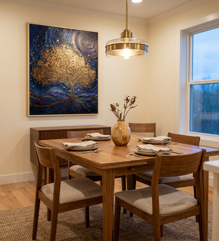 Roots of the Universe hand-painted landscape painting displayed in an elegant dining room