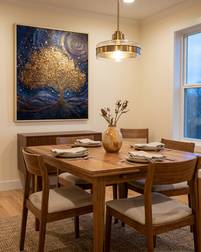 Roots of the Universe hand-painted landscape painting displayed in an elegant dining room