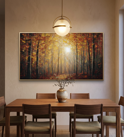 Autumn's Scent hand-painted landscape painting displayed in an elegant dining room
