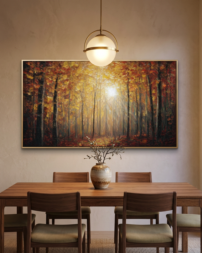 Autumn's Scent hand-painted landscape painting displayed in an elegant dining room