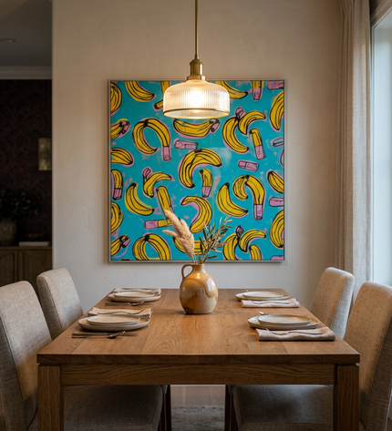 Banana Crush hand-painted figurative painting displayed in an elegant dining room