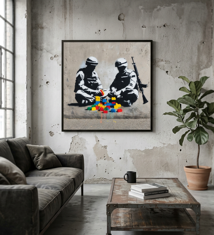 Peace Builders hand-painted figurative painting displayed in an elegant dining room