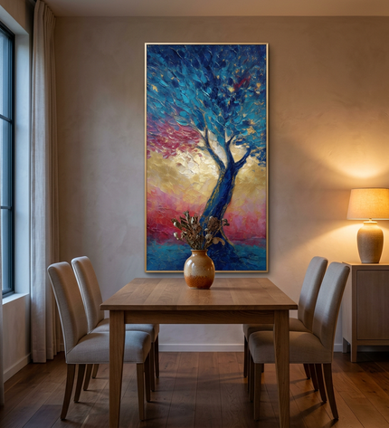 Flourish hand-painted floral painting displayed in an elegant dining room
