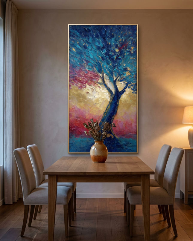 Flourish hand-painted floral painting displayed in an elegant dining room
