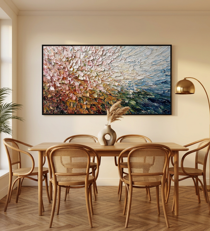 Radiant Meadow hand-painted landscape painting displayed in an elegant dining room