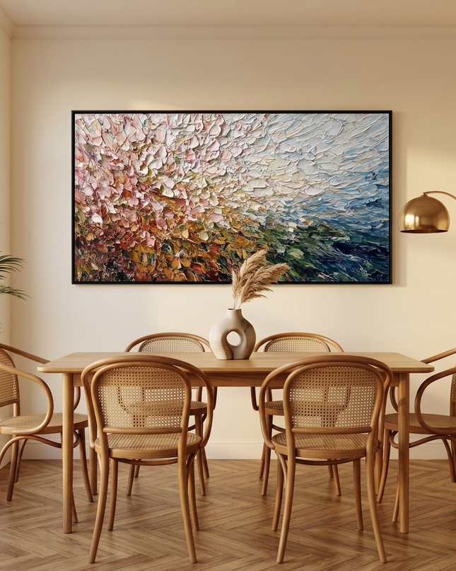 Radiant Meadow hand-painted landscape painting displayed in an elegant dining room