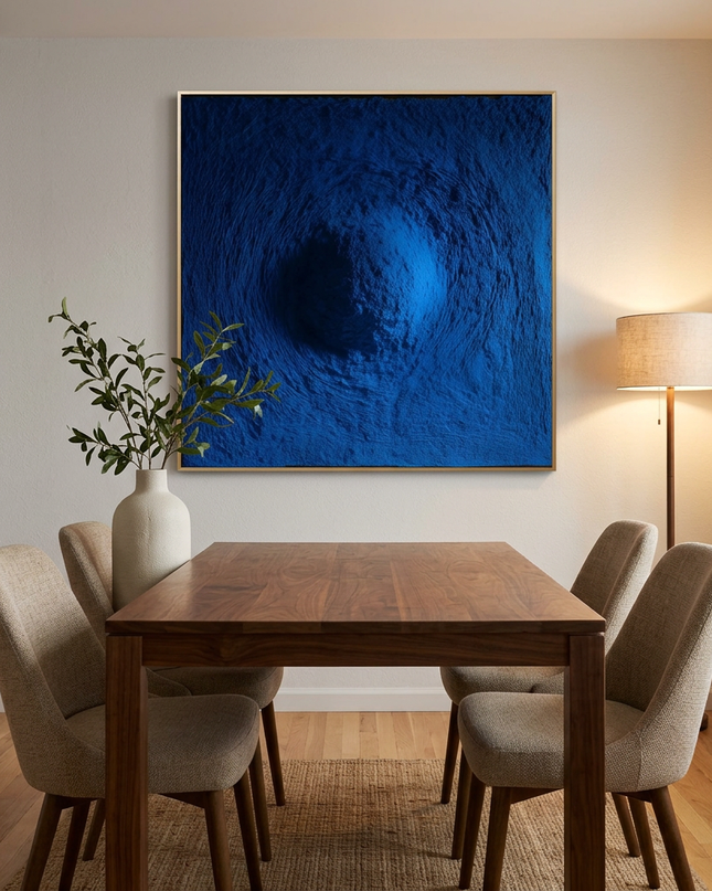 Blue Abyss hand-painted abstract painting displayed in an elegant dining room