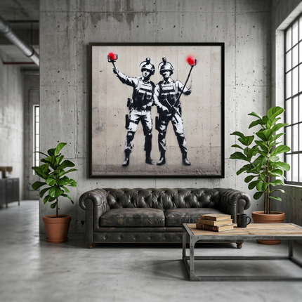 Selfie Squad hand-painted figurative painting displayed in an elegant dining room