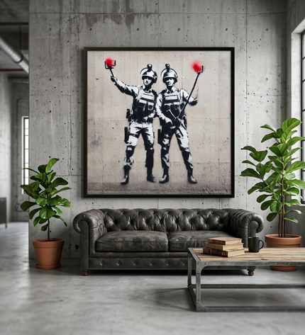 Selfie Squad hand-painted figurative painting displayed in an elegant dining room