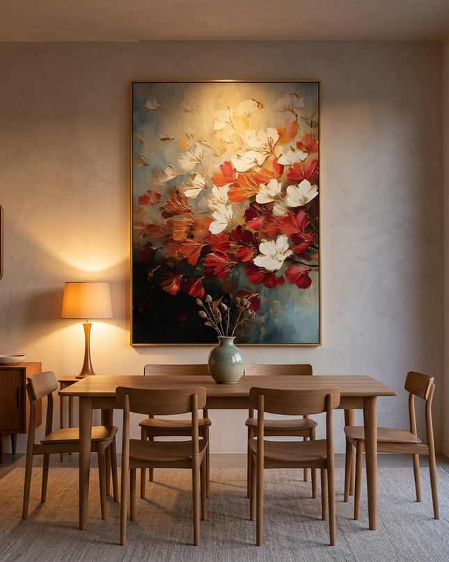 Smells Like Spring hand-painted landscape painting displayed in an elegant dining room