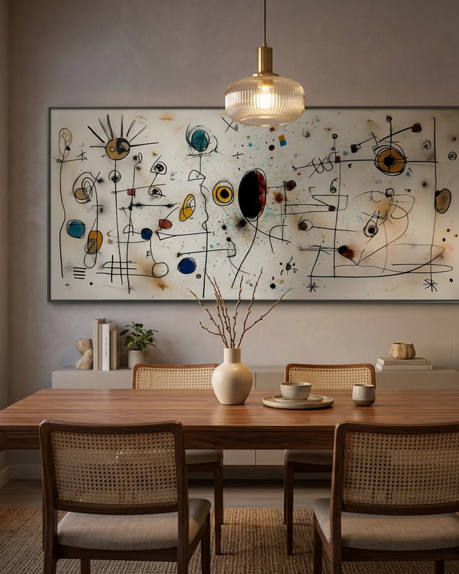 Echoes in Space hand-painted abstract painting displayed in an elegant dining room