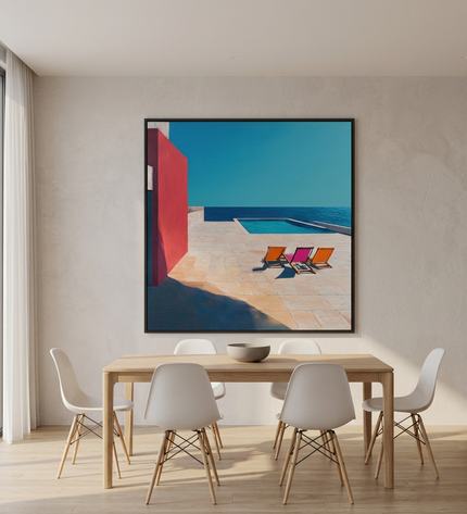 Quiet Escapes hand-painted landscape painting displayed in an elegant dining room
