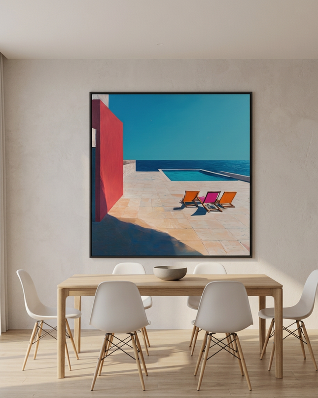 Quiet Escapes hand-painted landscape painting displayed in an elegant dining room