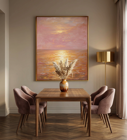 Golden Horizon hand-painted landscape painting displayed in an elegant dining room