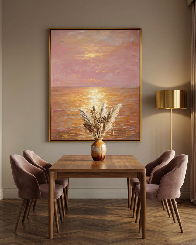 Golden Horizon hand-painted landscape painting displayed in an elegant dining room