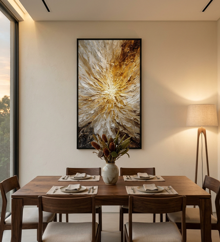 Solar Eruption hand-painted contemporary painting displayed in an elegant dining room