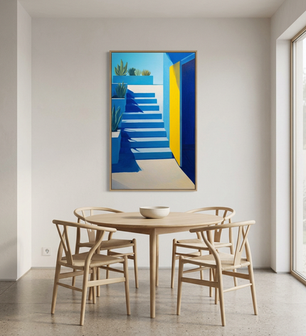 Mediterranean Gate hand-painted abstract painting displayed in an elegant dining room