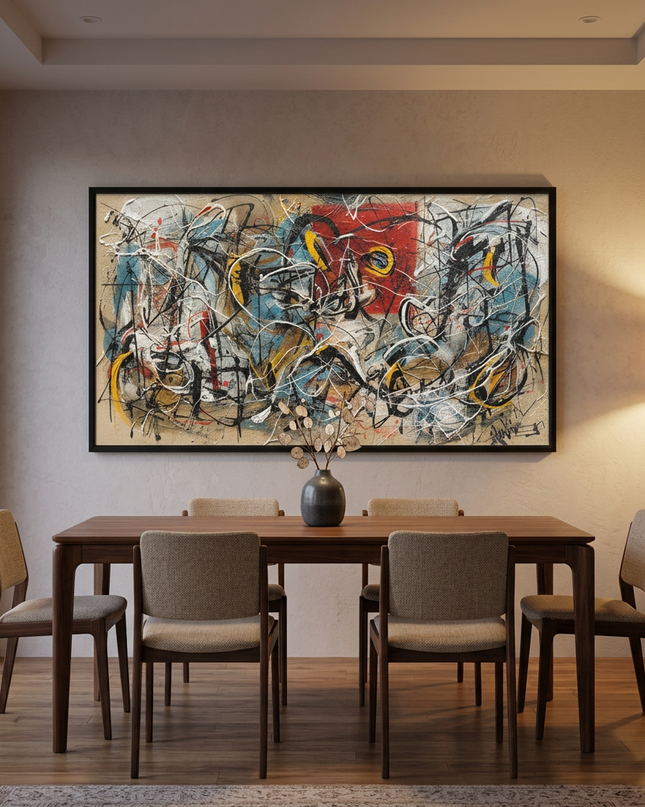 Perfect Storm hand-painted figurative painting displayed in an elegant dining room