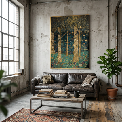 Mystic Woodland hand-painted landscape painting displayed in an elegant dining room