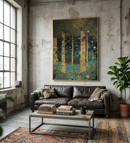 Mystic Woodland hand-painted landscape painting displayed in an elegant dining room
