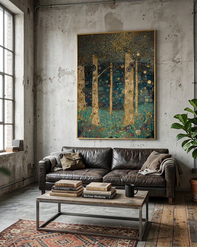 Mystic Woodland hand-painted landscape painting displayed in an elegant dining room