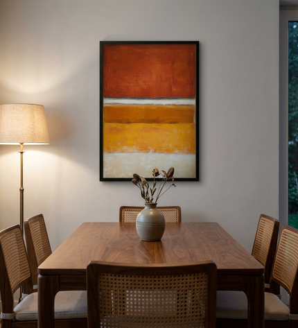 Rust and Gold hand-painted landscape painting displayed in an elegant dining room