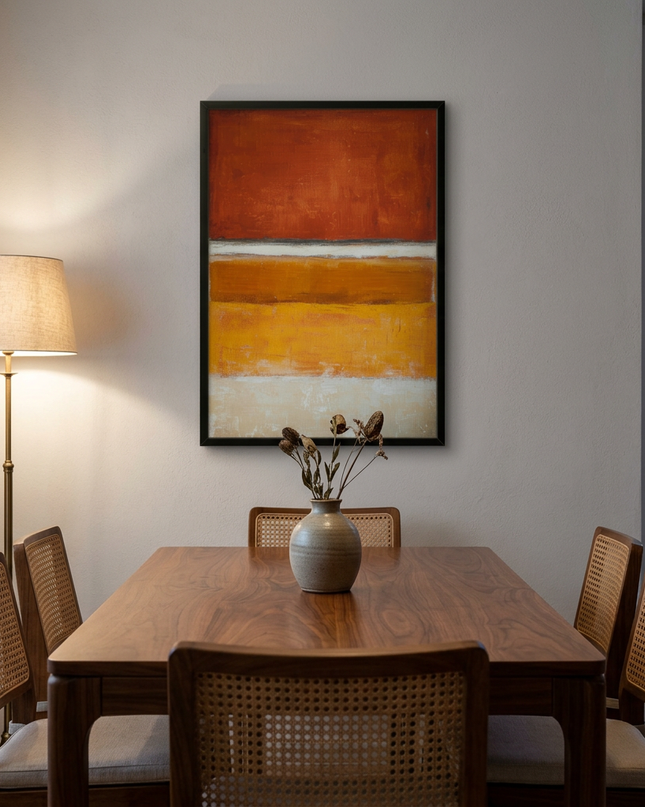 Rust and Gold hand-painted landscape painting displayed in an elegant dining room