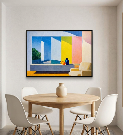 Constructed Dimension hand-painted landscape painting displayed in an elegant dining room