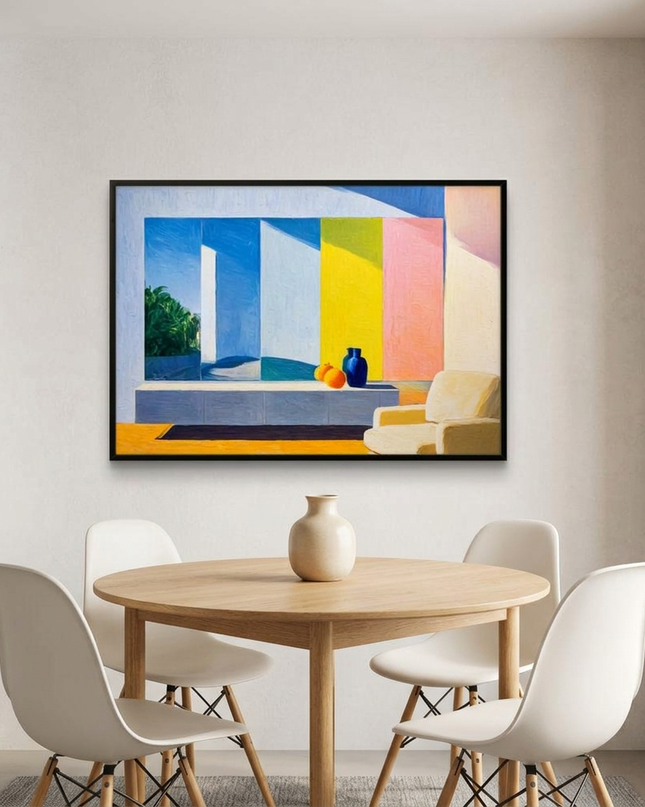 Constructed Dimension hand-painted landscape painting displayed in an elegant dining room
