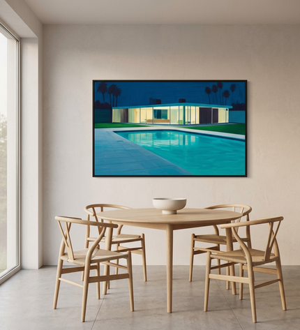Glass House Dreams hand-painted landscape painting displayed in an elegant dining room