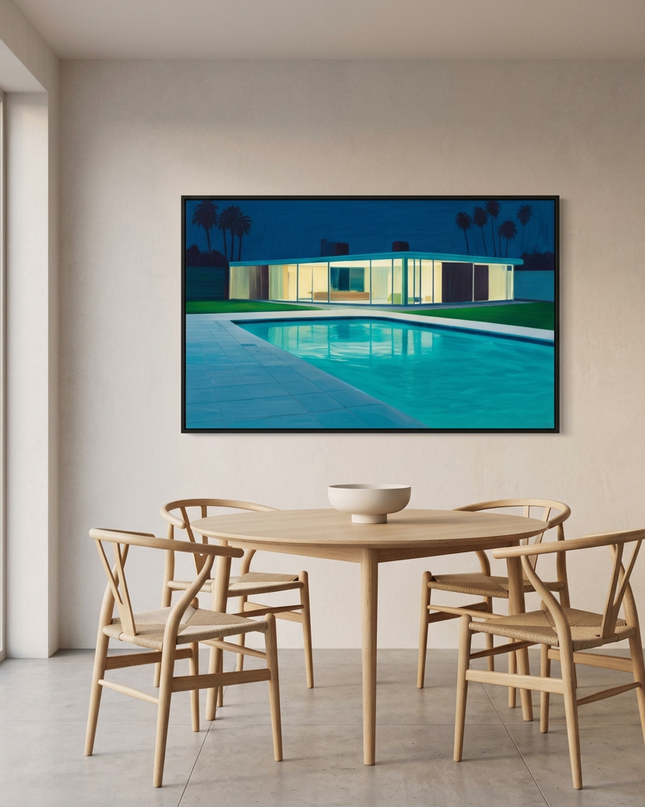 Glass House Dreams hand-painted landscape painting displayed in an elegant dining room