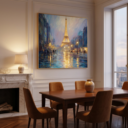 Midnight in Paris hand-painted cityscape painting displayed in an elegant dining room