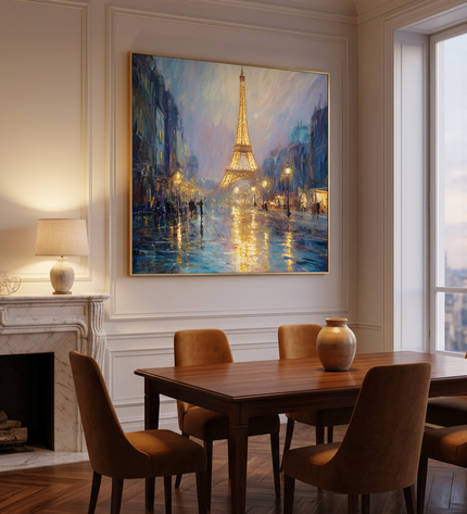 Midnight in Paris hand-painted cityscape painting displayed in an elegant dining room