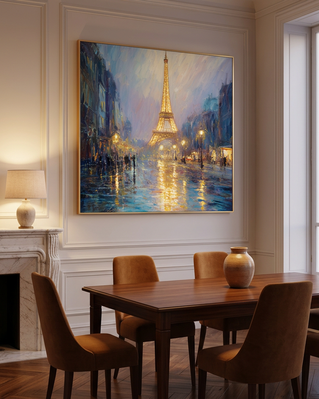 Midnight in Paris hand-painted cityscape painting displayed in an elegant dining room