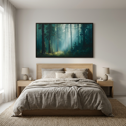Joy Among Trees hand-painted landscape painting displayed in a serene bedroom