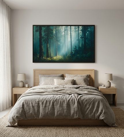 Joy Among Trees hand-painted landscape painting displayed in a serene bedroom
